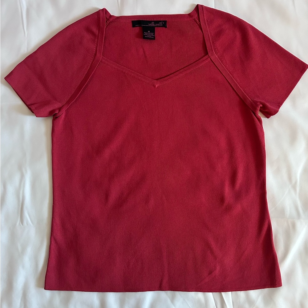 Willi Smith Red Short Sleeve Top with Square V-Neck Size Medium